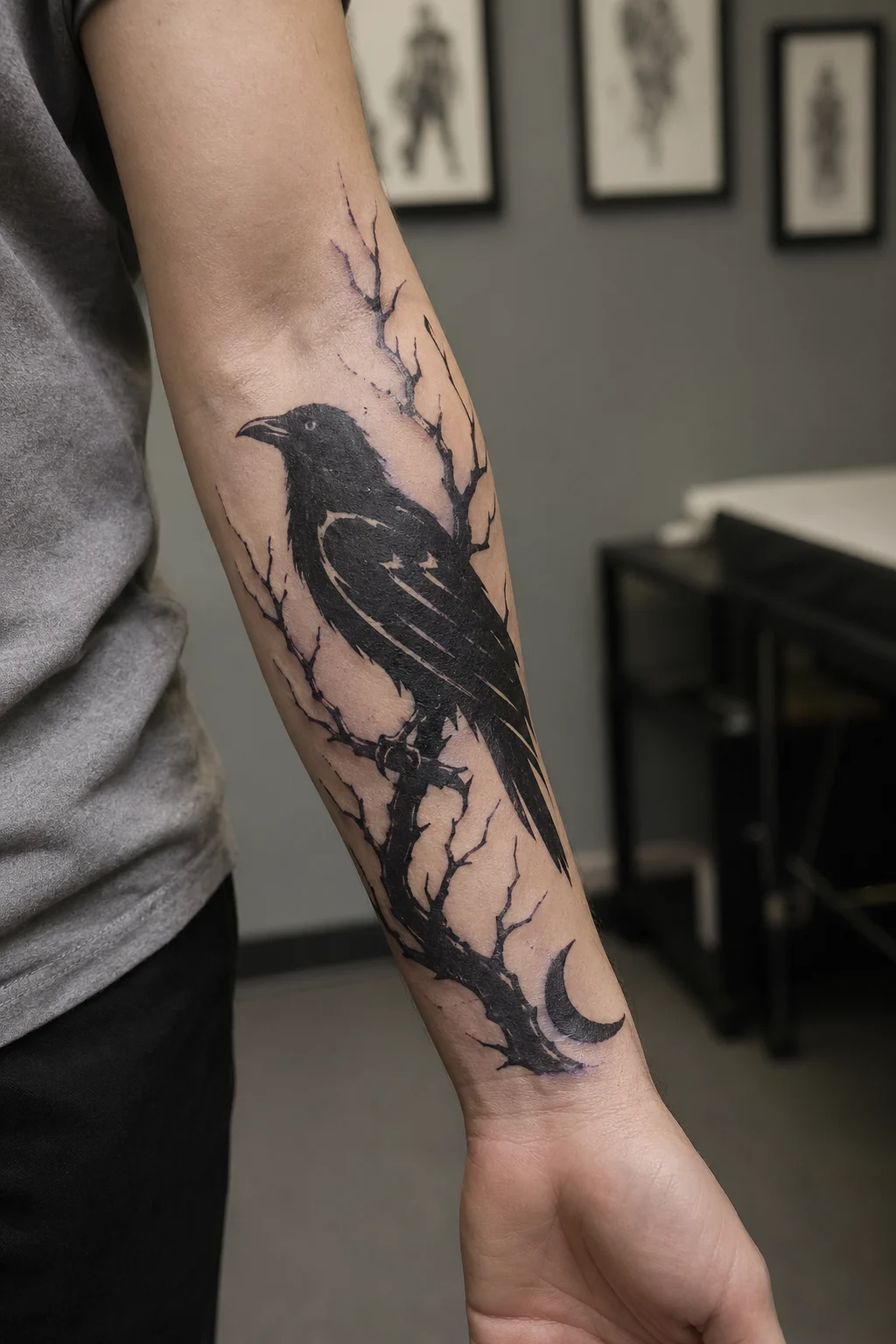 Blackwork raven forearm placement preview