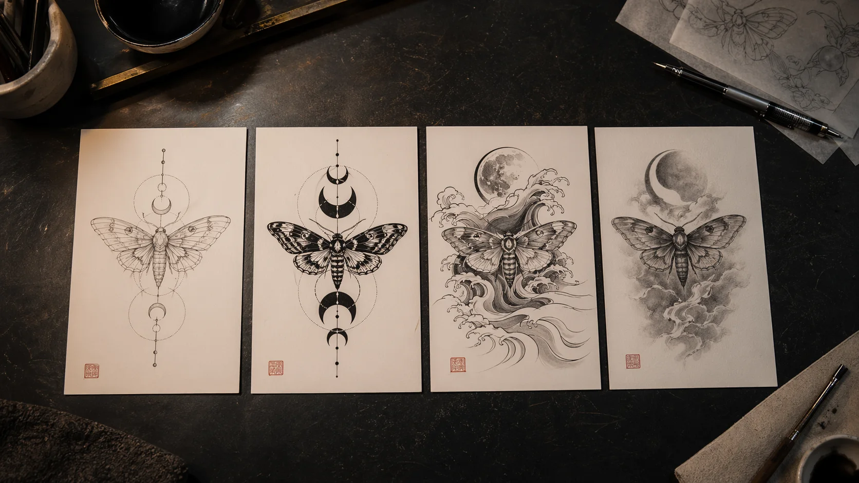 AI tattoo style variations on sketch cards