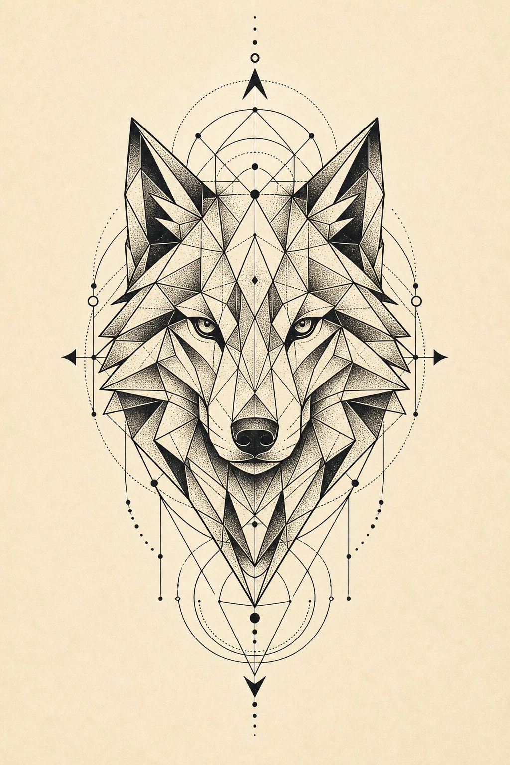 A geometric animal tattoo of a faceted wolf on the upper arm