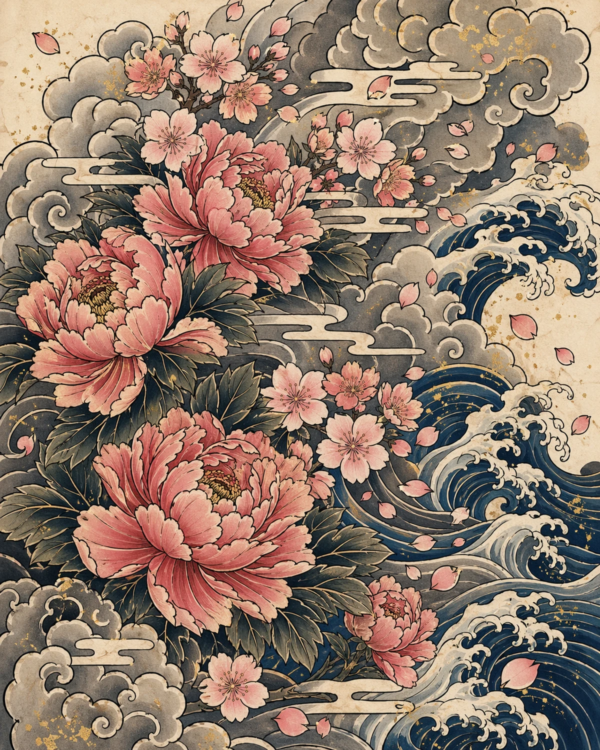 Peony, sakura, clouds, and waves Japanese