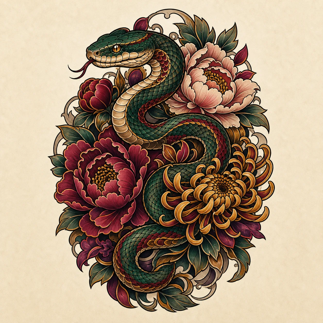 Snakes, flowers, and layered movement Neo Traditional
