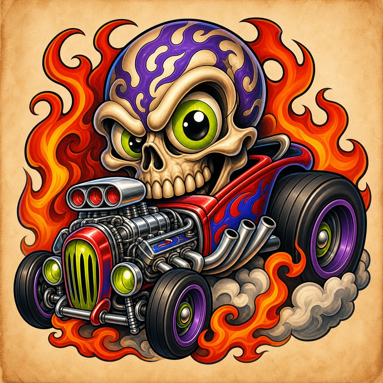 Hot rods, skulls, flames, and retro flash New School