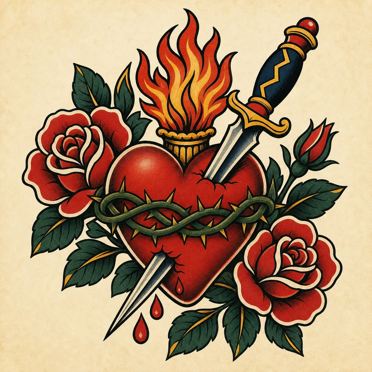Hearts, daggers, roses, and devotion symbols Old School